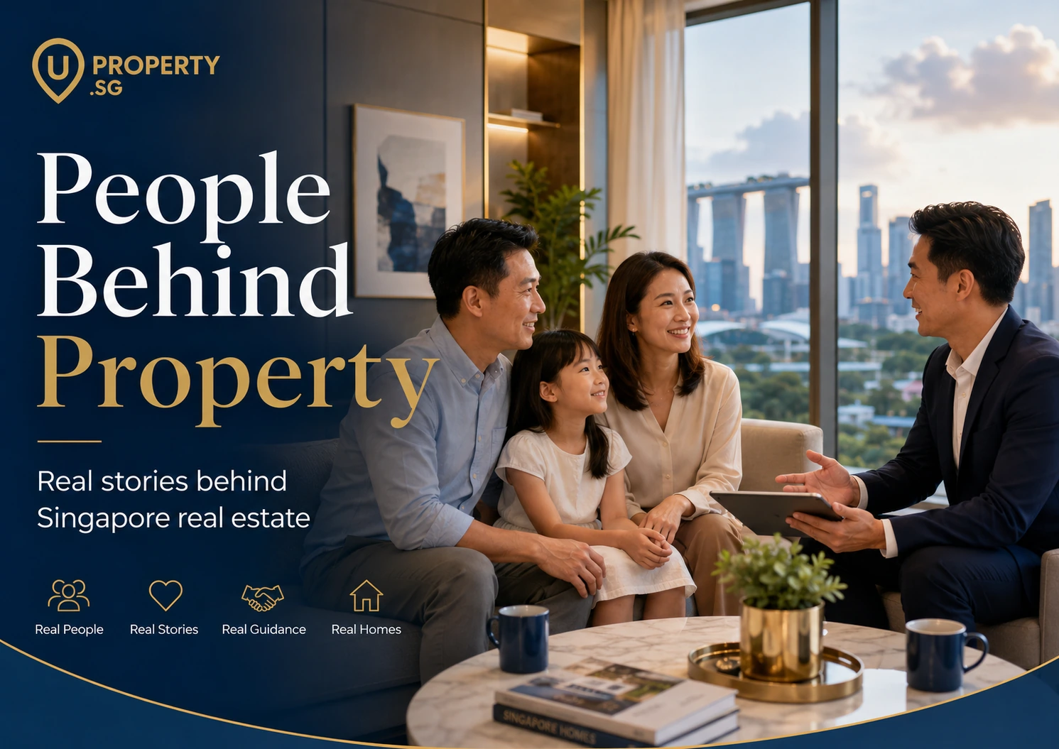 People Behind Property UProperty pillar hero showing a warm Singapore real estate consultation