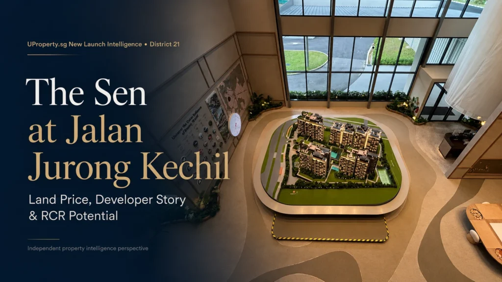 The Sen at Jalan Jurong Kechil property intelligence visual showing showflat scale model, land price, developer story and RCR potential.