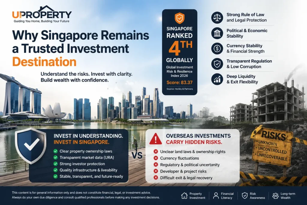 UProperty hero image showing Singapore as a trusted investment destination, highlighting stability, regulation, investor protection and overseas investment risks.