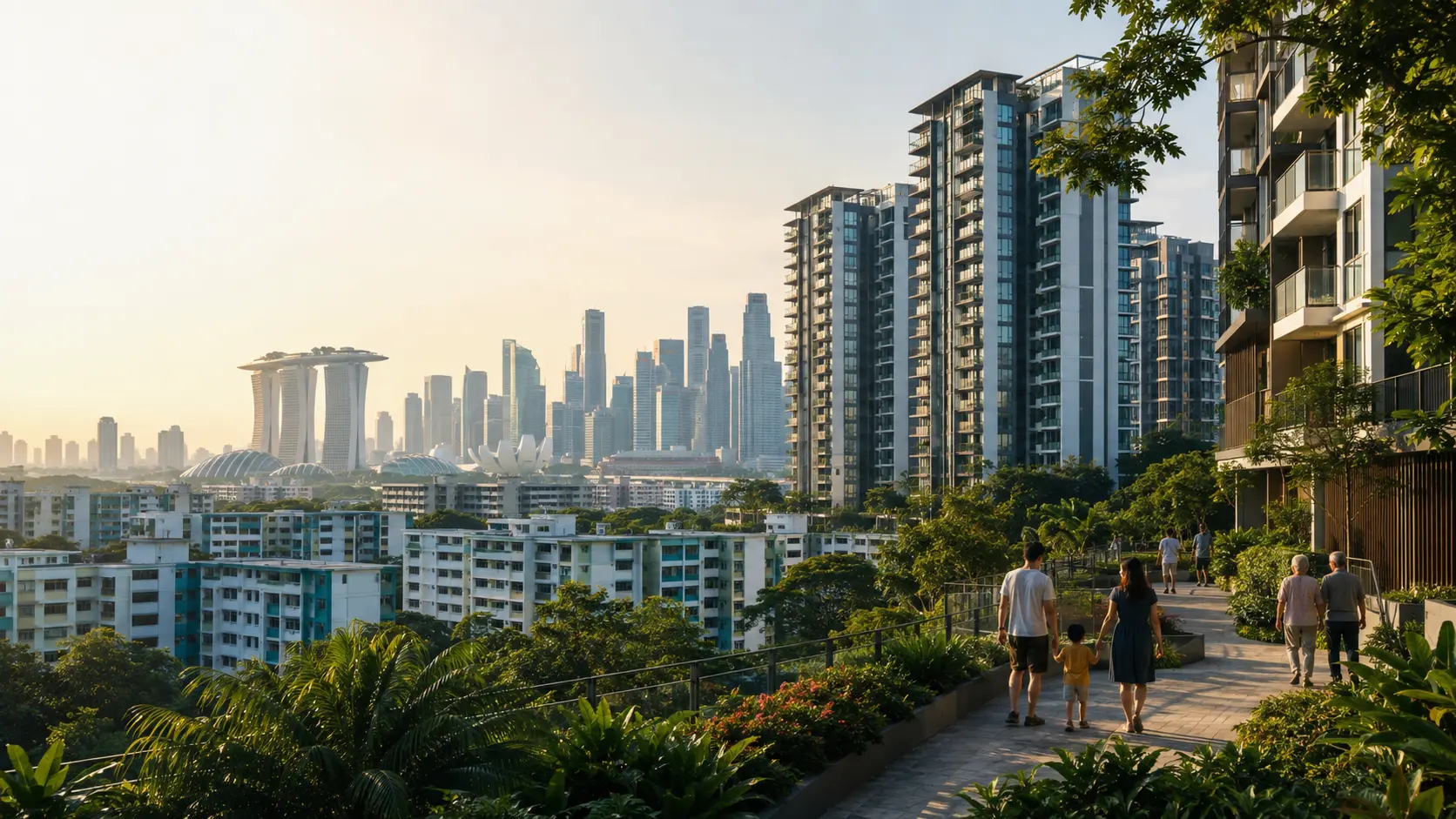 Singapore public housing, private condominiums and the city skyline