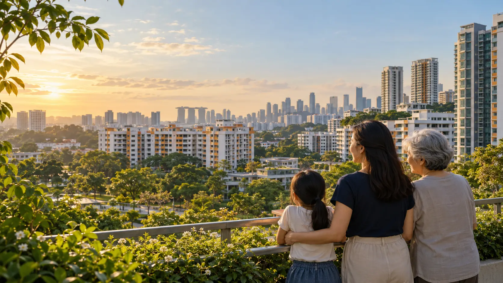 Conceptual image of three generations looking towards Singapore homes and the city skyline.